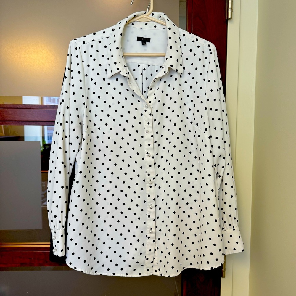 Talbots black/white polka dot blouse XL EUC